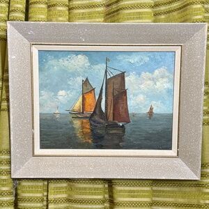 Vintage 1955 nautical original artwork, oil on canvas, framed, signed W.